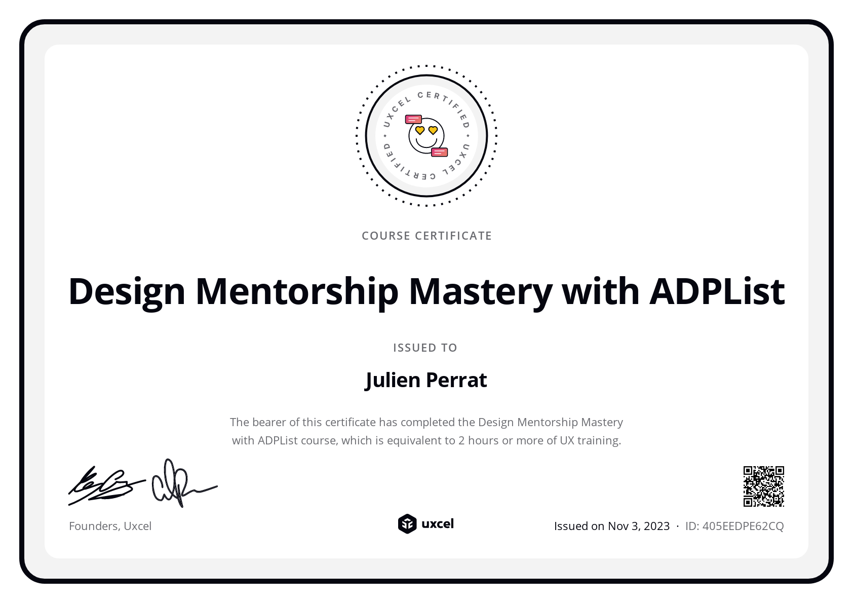 Julien Perrat's certificate